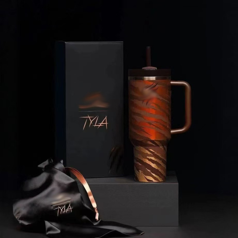豹纹手柄杯冰霸杯大容量吸管杯不锈钢保温杯有手柄运动便携保温杯|undefined