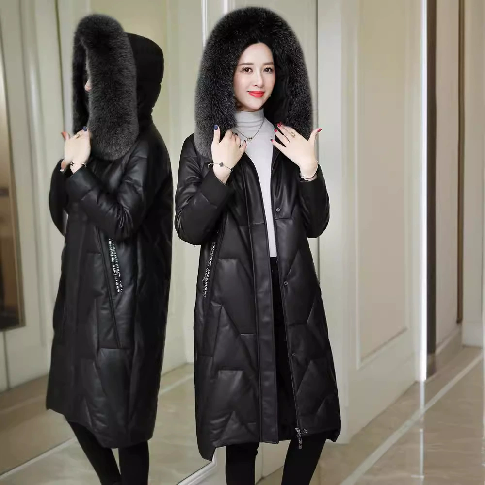 Fitted down jacket, genuine leather