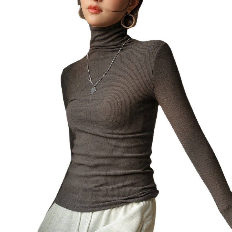 De terciopelo cuello alto camisa de fondo para las mujeres 2024 Primavera, otoño e invierno con cuello pila de manga larga Camiseta nuevo estilo occidental negro superior