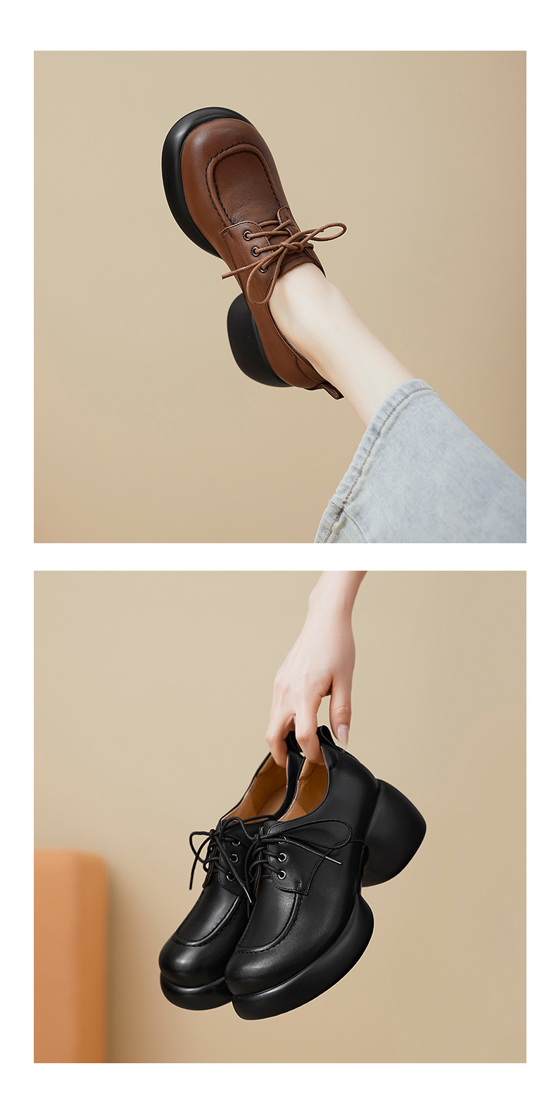 Giày loafer nữ dây buộc phong cách Anh, gót vuông 5,5 cm, mũi sâu, đế dày — màu nâu chi tiết 8