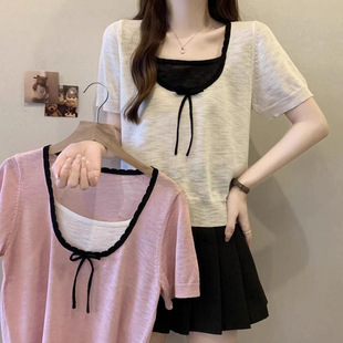 125kg Plus Size Women's Summer Thin Short-Sleeved T-Shirt Ice Silk Top Fat mm Bow Color Matching Slim Knitwear