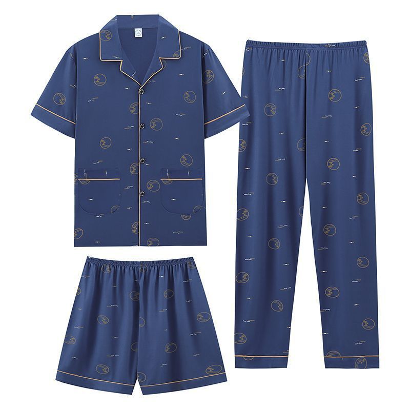 Pajamas de algodón de hombre verano pantalones de manga corta de tres piezas set 2024 nuevo conjunto de ropa casera pantalones cortos delgados tamaño más grande