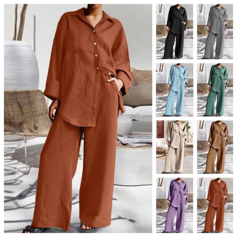 Amazon popular 2023 spring cross-border new foreign trade women's clothing nine-quarter sleeve shirt loose pants two-piece suit Amazon popular 2023 spring cross-border new foreign trade women's clothing nine-quarter sleeve shirt loose pants two-piece suit