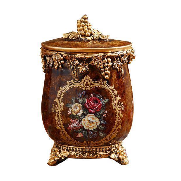 European-Style Living Room Coffee Table Desktop Paper Basket Trash Can with Lid Household Decoration Large Resin Storage Bucket Ornaments
