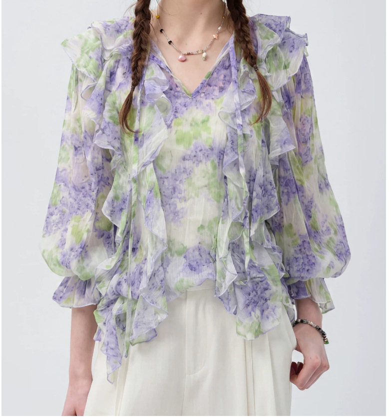 Áo sơ mi chiffon in hoa VEGA CHANG tay dài viền lá sen — Yên Hà Tử chi tiết 4