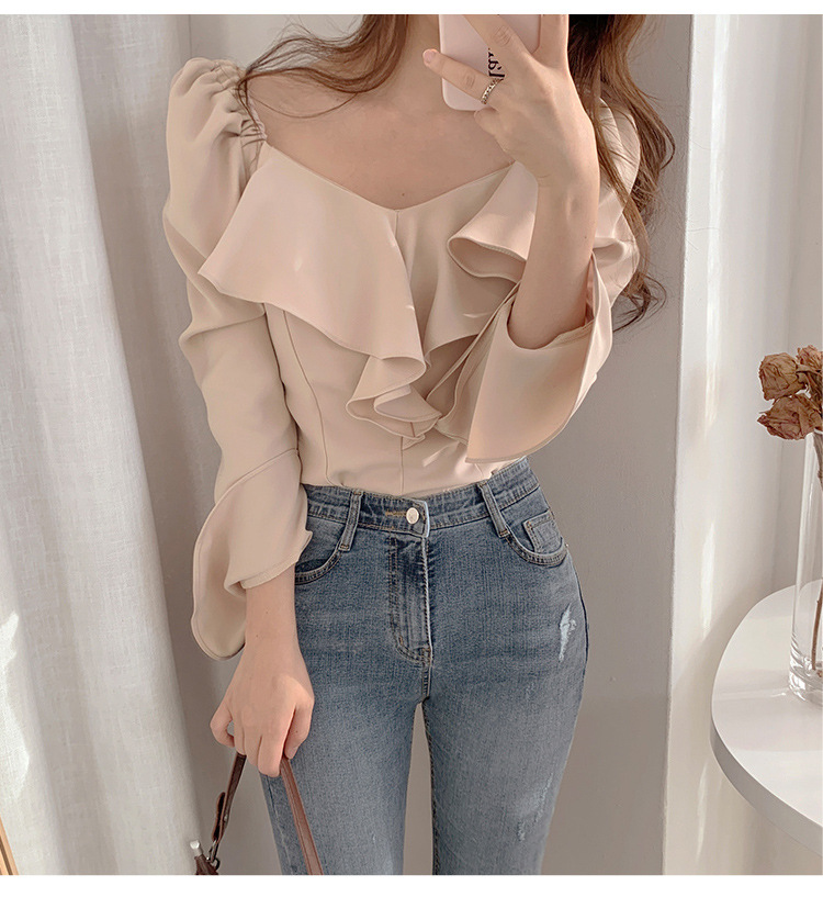 Solid Color Fungus Edge Slim Long-Sleeved Top NSFYF113703