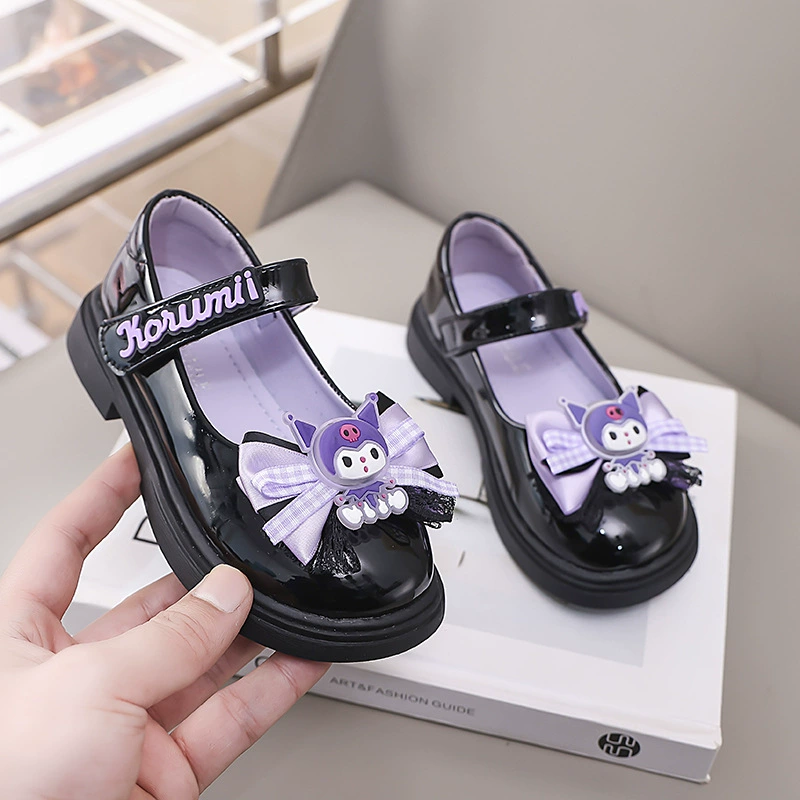 Kuromi/обувь принцессы для девочек, новинка 2025 года, весенне-осенняя детская обувь Мэри Джейн, туфли на мягкой подошве с бантом, кожаные туфли