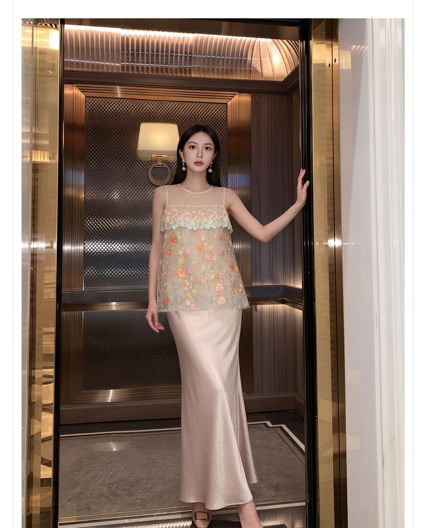 Bộ váy áo vest không tay phong cách Trung Hoa thêu ren họa tiết nặng, chất liệu thoáng khí, gồm áo vest và chân váy nửa kèm theo — bộ đồ, Champagne màu nửa váy, Áo khoác màu mơ chi tiết 5