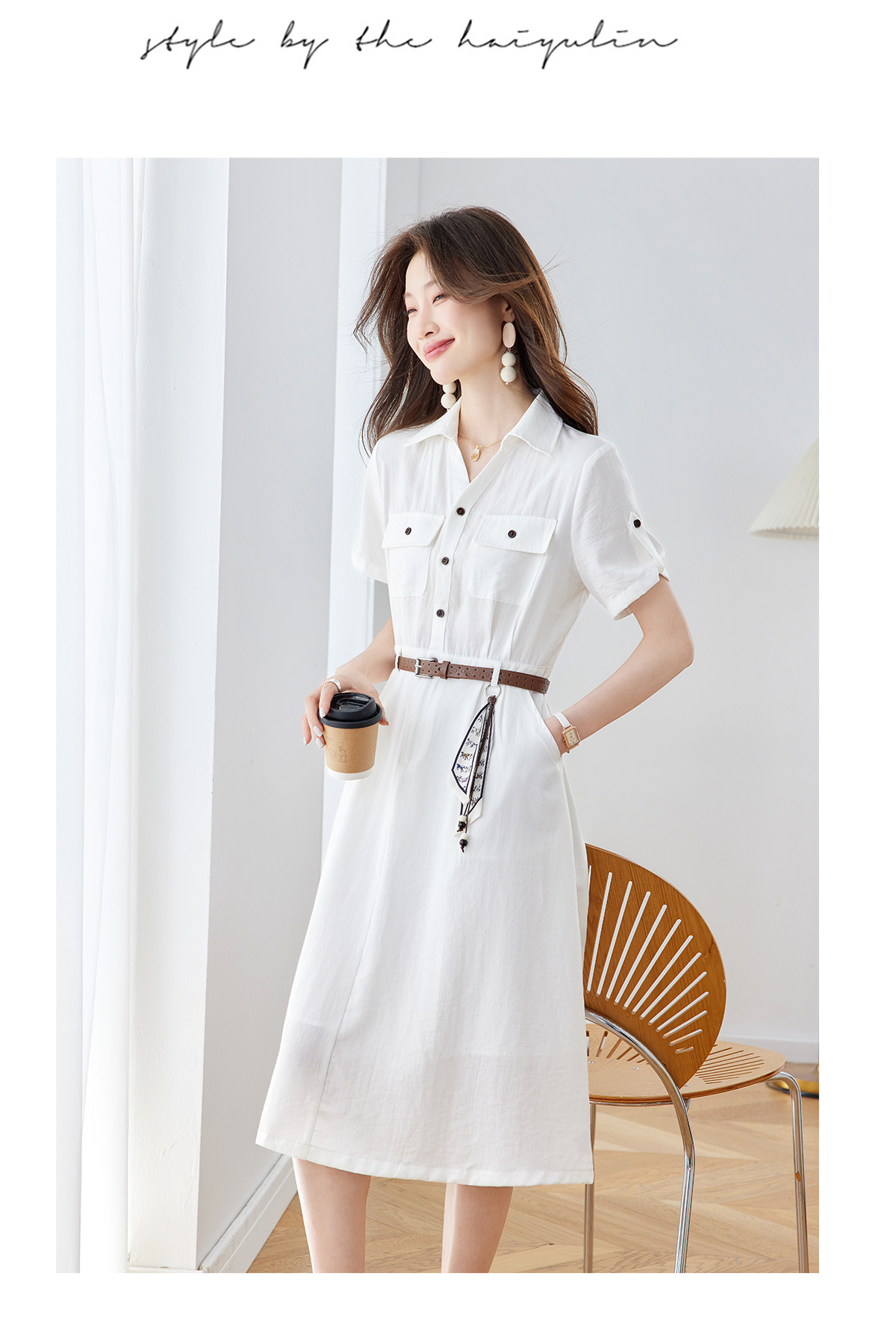 Đầm maxi nữ cổ bẻ thắt eo dáng suông kèm dây lưng — Xanh lông mòng đen, màu trắng chi tiết 19