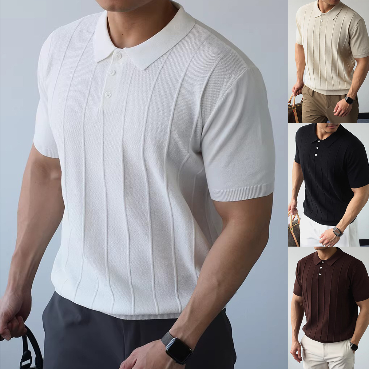 Polo camiseta de punto camiseta de manga corta textural hombre rayas viejas camisetas comerciales de hielo de verano fábrica transfronteriza mayorista