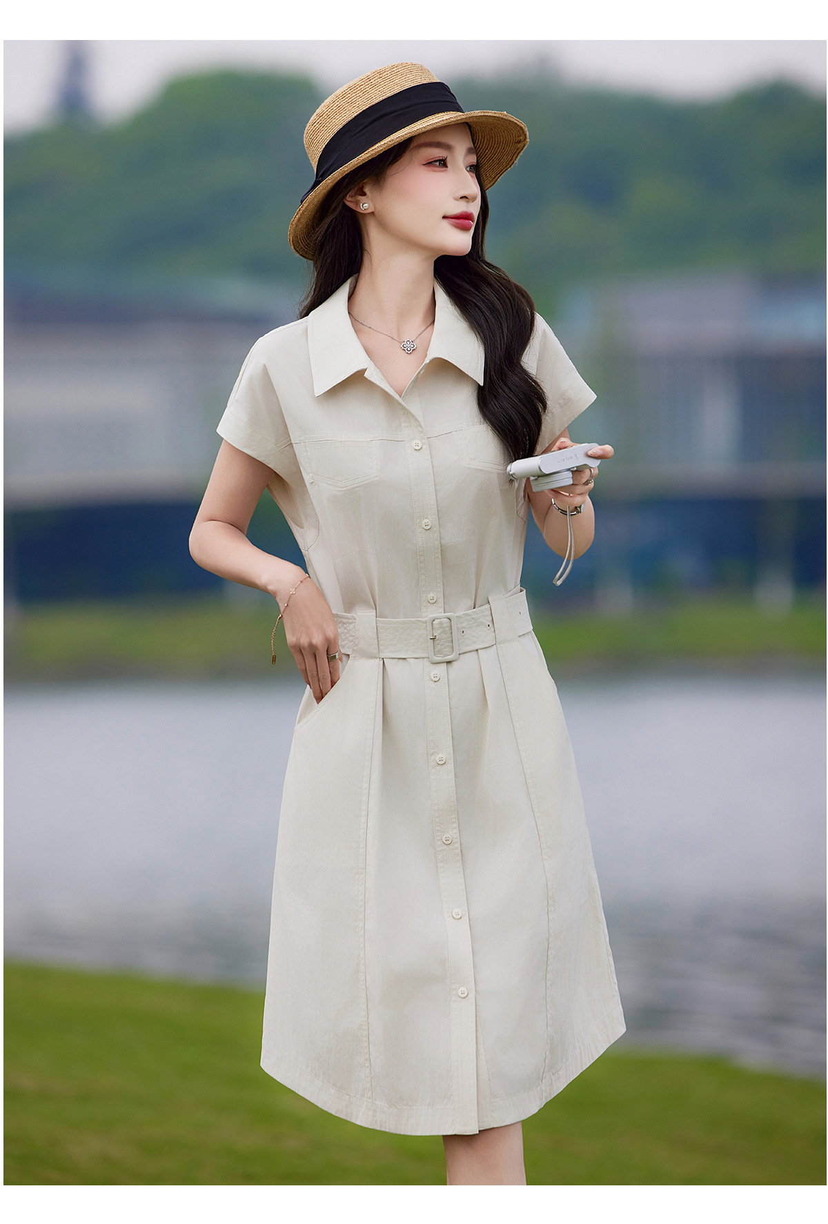 Đầm polo nữ cổ bẻ thắt eo dáng suông midi mùa hè — màu xanh nhạt, màu trắng ngà chi tiết 22