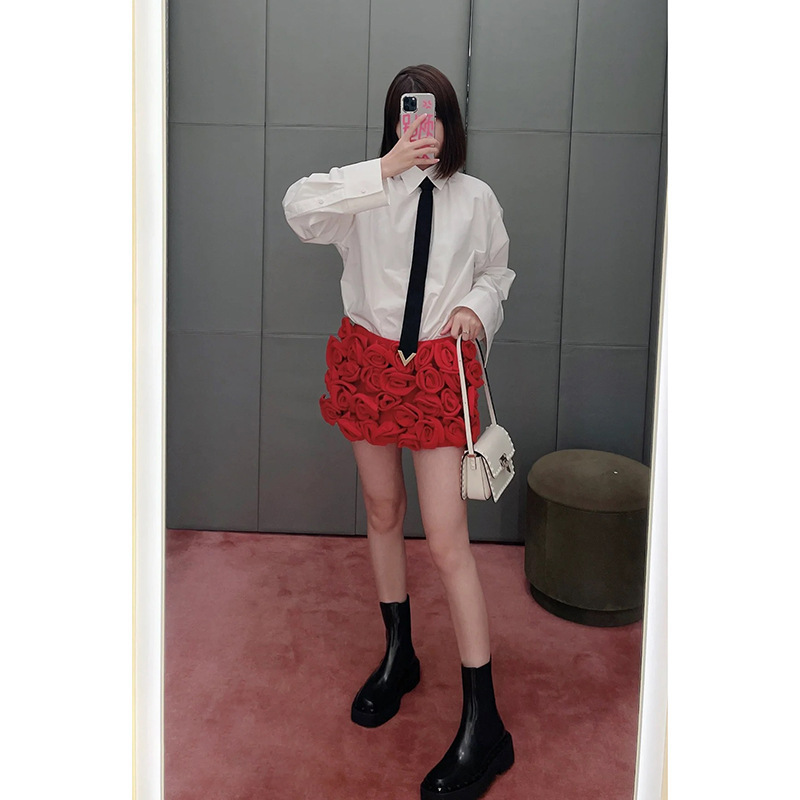 Designer Polo Collar V-Neck Tie Loose Shirt Shirt Stereo Heavy Red Rose Mini Skirt Suit Winter