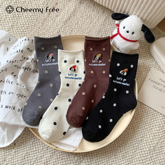 CHEEMY FREE秋季新款波点刺绣女中筒袜秋冬卡通简约百搭可爱风袜