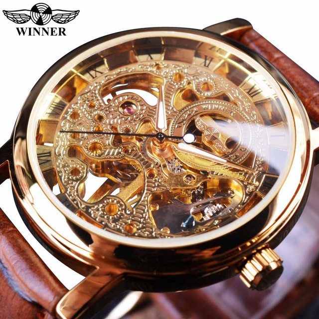 Winner Full Hollow Men's Manual Mechanical Watch Brown Belt Watch_voghion.com