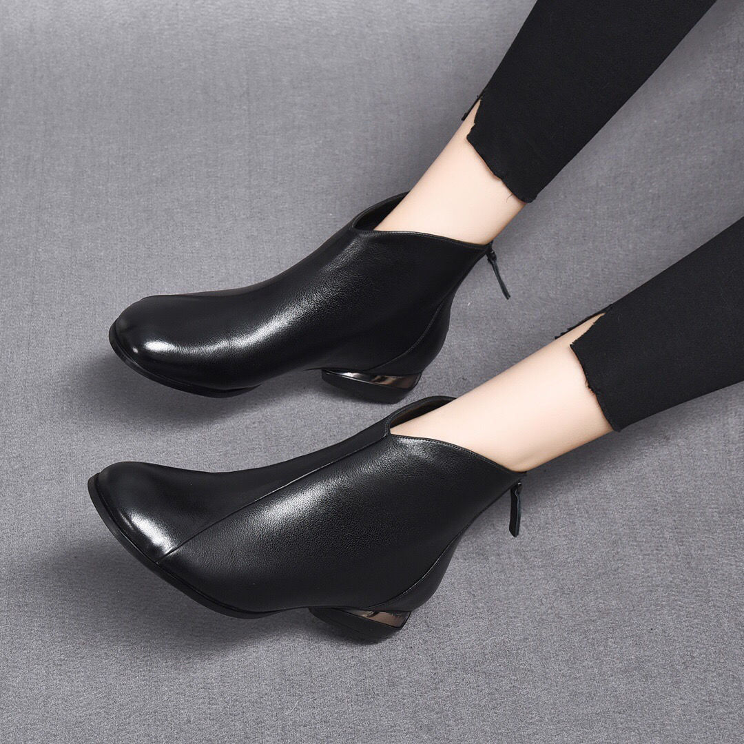 ShoeVault Round Toe Chunky Heel Back Zipper Korean Fashion For Women 2023 Autumn Winter New Fashionable Elegant Style Women's_vogvips.com