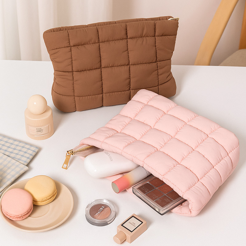 Korean Style Fashionable Quilted Cosmetic Bag, High-Looking Solid Color Cream Clutch Bag, Travel Skin Care Product Storage Bag, Toiletry Bag