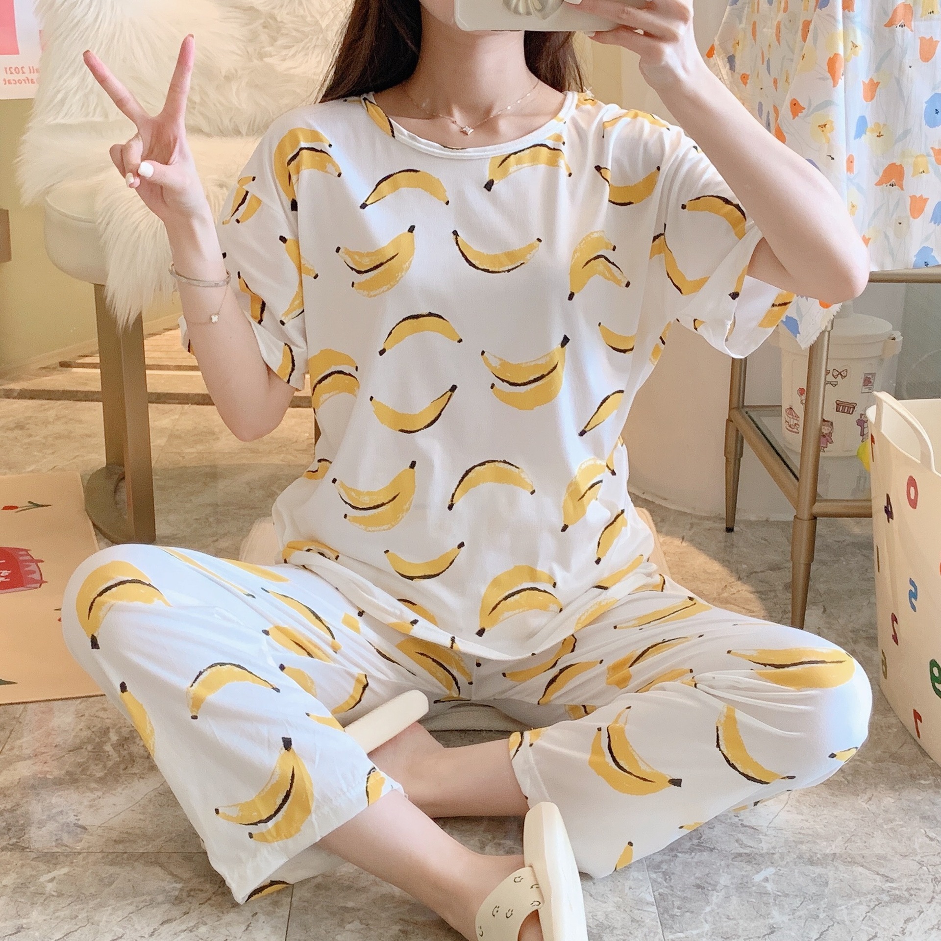 Pijamas pantalones de manga corta traje de dos piezas estudiante estilo coreano dibujos animados mujeres jóvenes delgadas primavera y otoño verano nueva ropa para el hogar