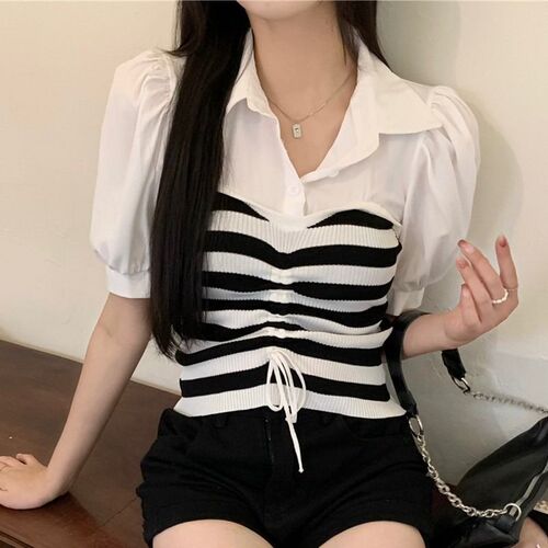Temperament French shirt Striped knitted short-sleeved shirt for women's summer design niche drawstring bubble sleeve short top