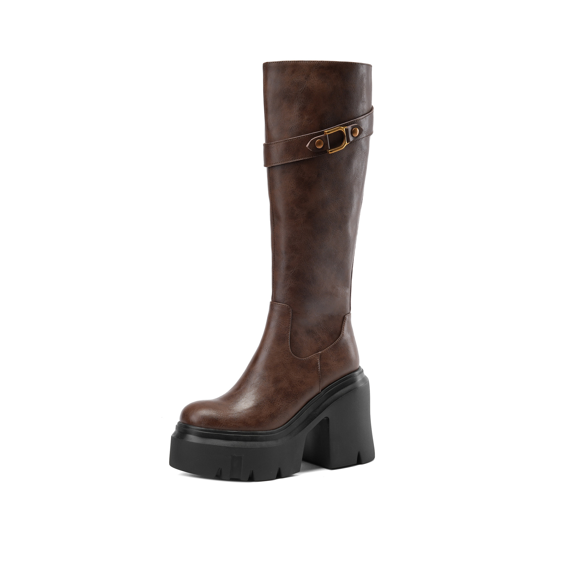 Boot nữ cổ cao ôm bắp chân khóa kéo đế dày gót cao — Lót nhung đen