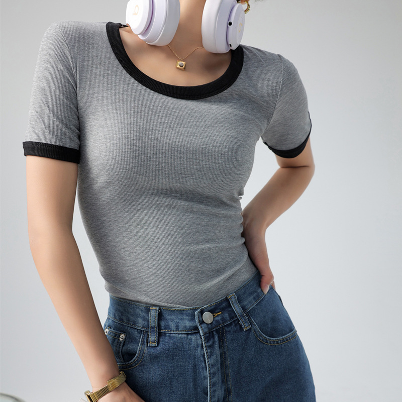 Camiseta de Verano para Mujer, Cuello Redondo, Manga Corta, Bloques de Color, Estilo Moderno, Imitación Algodón, Estilo Francés image 9
