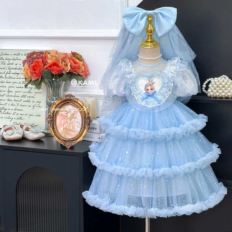 Girls' Dress 2025 Ice Princess Dress Stylish Lace Cake Dress Elsa Puffy Dress Elsa Gown in Stock