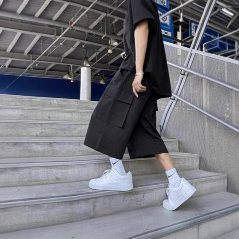 Over-the-knee Overalls Men's 2025 New chubby girl Summer High Waist Drawstring Casual Loose Sports plus size Capri Pants