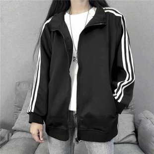 Sports Baseball Suit Spring and Summer New Three Bar Jacket Women's Korean Thin Jacket Student Black Women's Loose BF Trendy