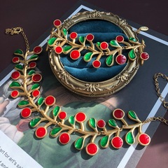 Ancient medieval live stream supply red and green drip glaze cute cherry-shaped bracelet and necklace electroplated genuine gold pair of accessories