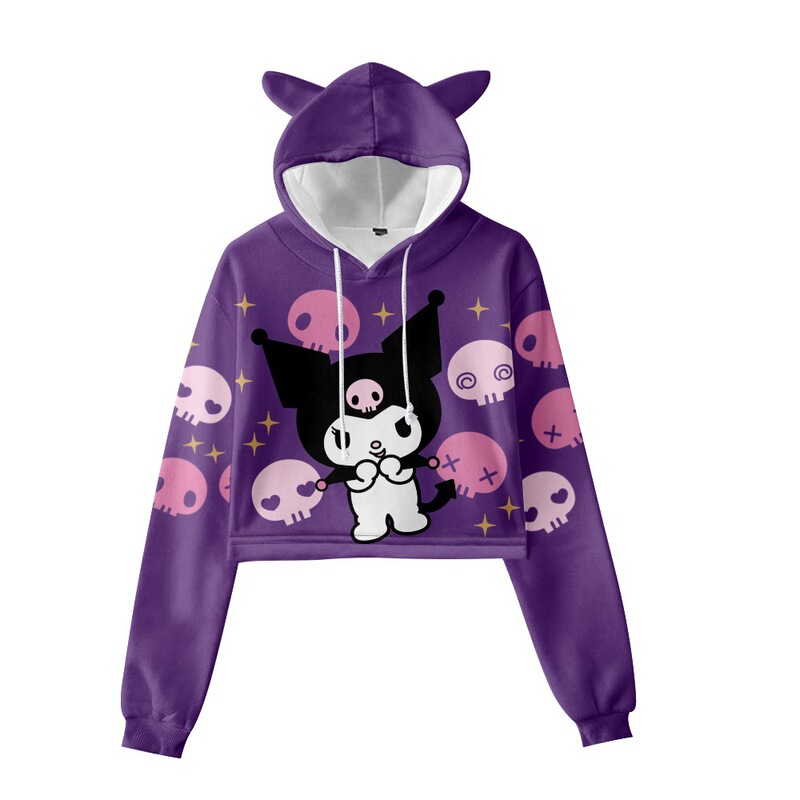 Foreign Trade New Cartoon kuromi kuromi Element Purple Printing Navel Hat Sweater Long Sleeve Spring and Autumn