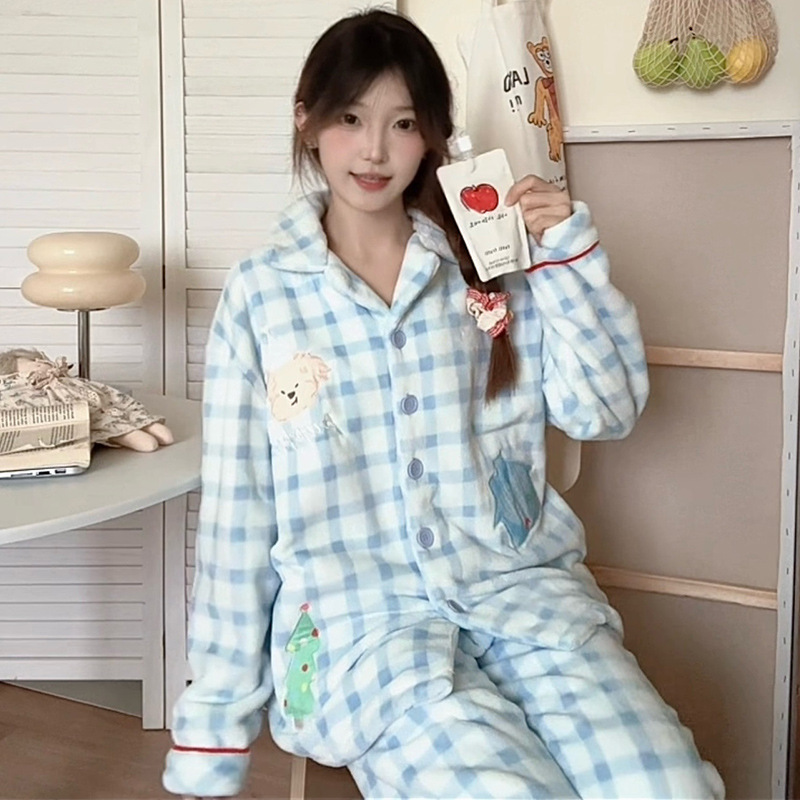 Autumn and Winter New Sea Salt Blue Plaid Christmas Hone Flannel Long Sleeve Pajamas Ins Fresh Outwear Home Clothes