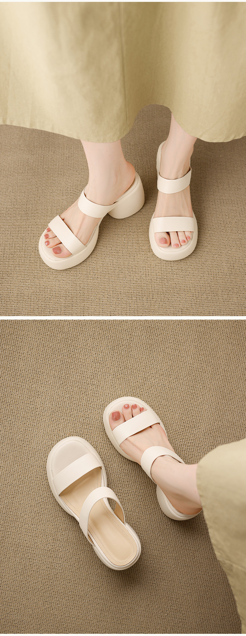Sandal cao gót nữ quai ngang hở mũi đế xuồng gót vuông 9 cm — màu nâu, màu đen, màu trắng ngà chi tiết 5