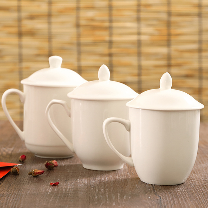 一件代發酒店賓館客房陶瓷純白色介杯會議喝水杯子茶杯帶蓋辦公室