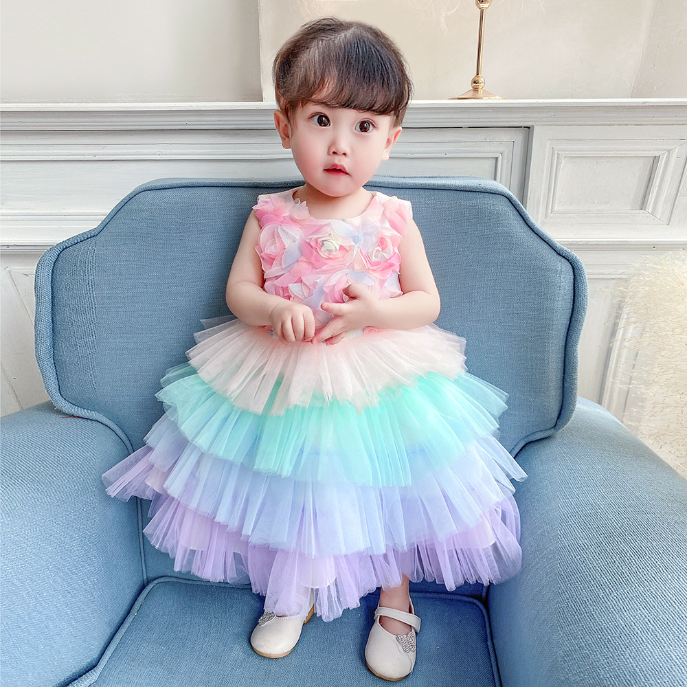 Rainbow Three-Dimensional Petal Colorblock Mesh Cake Dress Princess Dress Sleeveless Dress One-Year-Old Dress Photography Dress