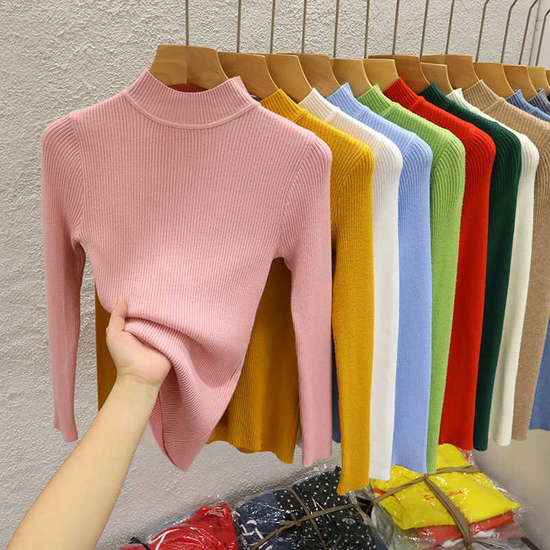 Half Turtleneck Knitwear Women's Bottoming Shirt Autumn and Winter New Versatile Thin Knitted Knitwear Tight Inner Top Pink