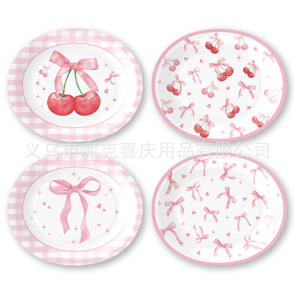 Tema de lazo de cereza transfronterizo Placa de comida ovalada de 12 pulgadas Placa de papel desechable de cumpleaños para niños Suministros de vajilla de papel