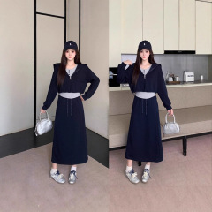 大码女装胖MM时尚减龄海军领半拉链卫衣背心半身裙三件套装