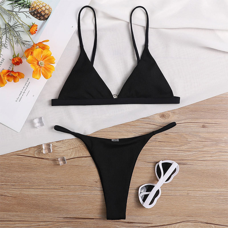Bikini-Badeanzug für Damen, einfarbig, Riemchen, Neckholder, hohe Taille, sexy Bikini-Anzug_voghion.com