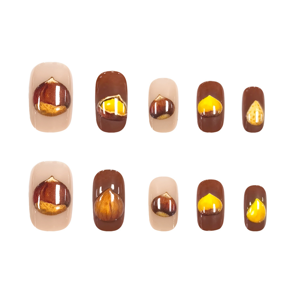 Comercio exterior en relieve tridimensional marrón castaña manicure otoño invierno curar viento desgaste de uñas 24 piezas de parche de uñas