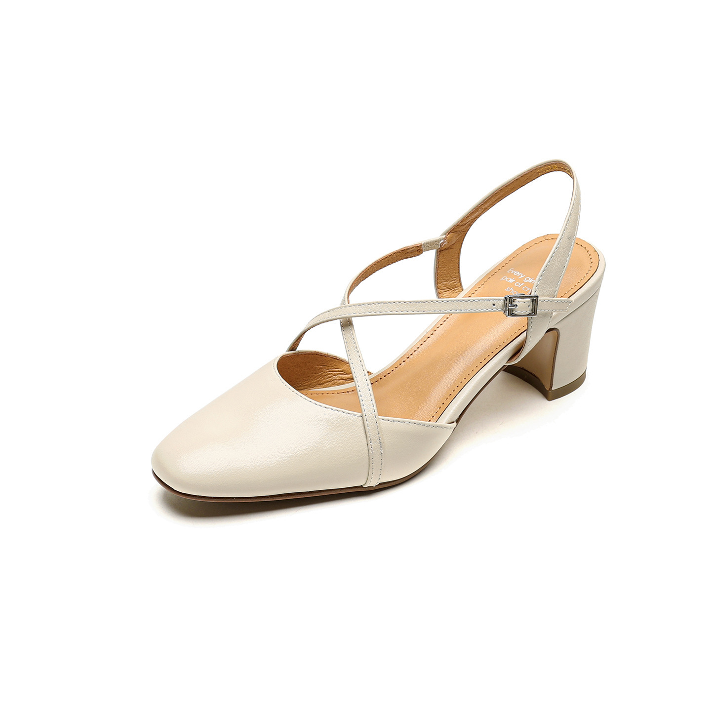 Sandal cao gót nữ mũi nhọn quai chéo buộc dây, gót vuông ổn định — màu trắng ngà