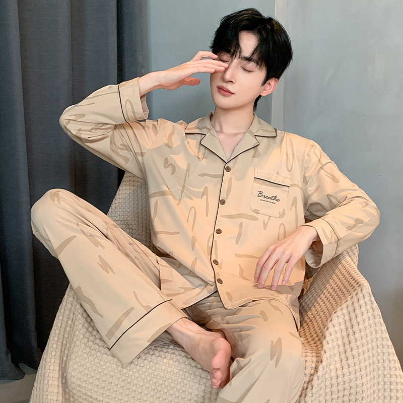 Pijama de primavera y otoño para hombres, camiseta de mangas largas, pantalones largos de tamaño grande que se pueden usar con ropa casera juvenil.