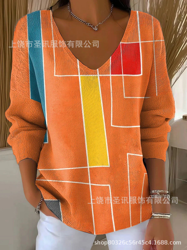 欧美跨境独立站新款3D印花女士时尚渐变色V领长袖T恤上衣|undefined