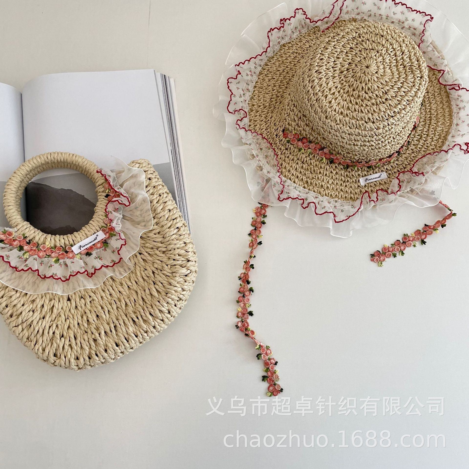 Korean trendy children's lace floral retro large-brimmed straw hat…