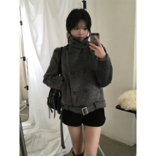 已出货 chic韩版双排扣系带毛呢外套女冬季新款宽松显瘦保暖大衣