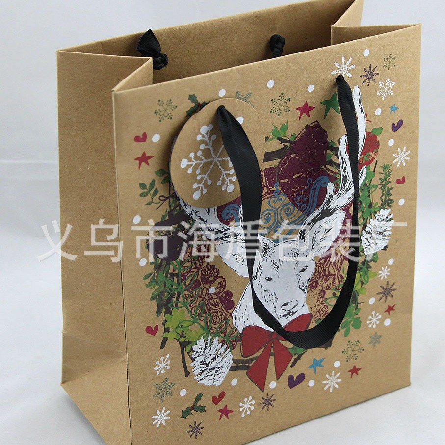 牛皮纸礼品袋 卡通驯鹿彩色印刷纸包装手提礼品袋 外贸出口包邮