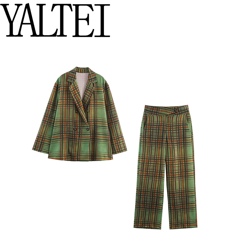 YALTEI秋季新款 女装 欧美风格子垂坠感西装套装8383032  8355032