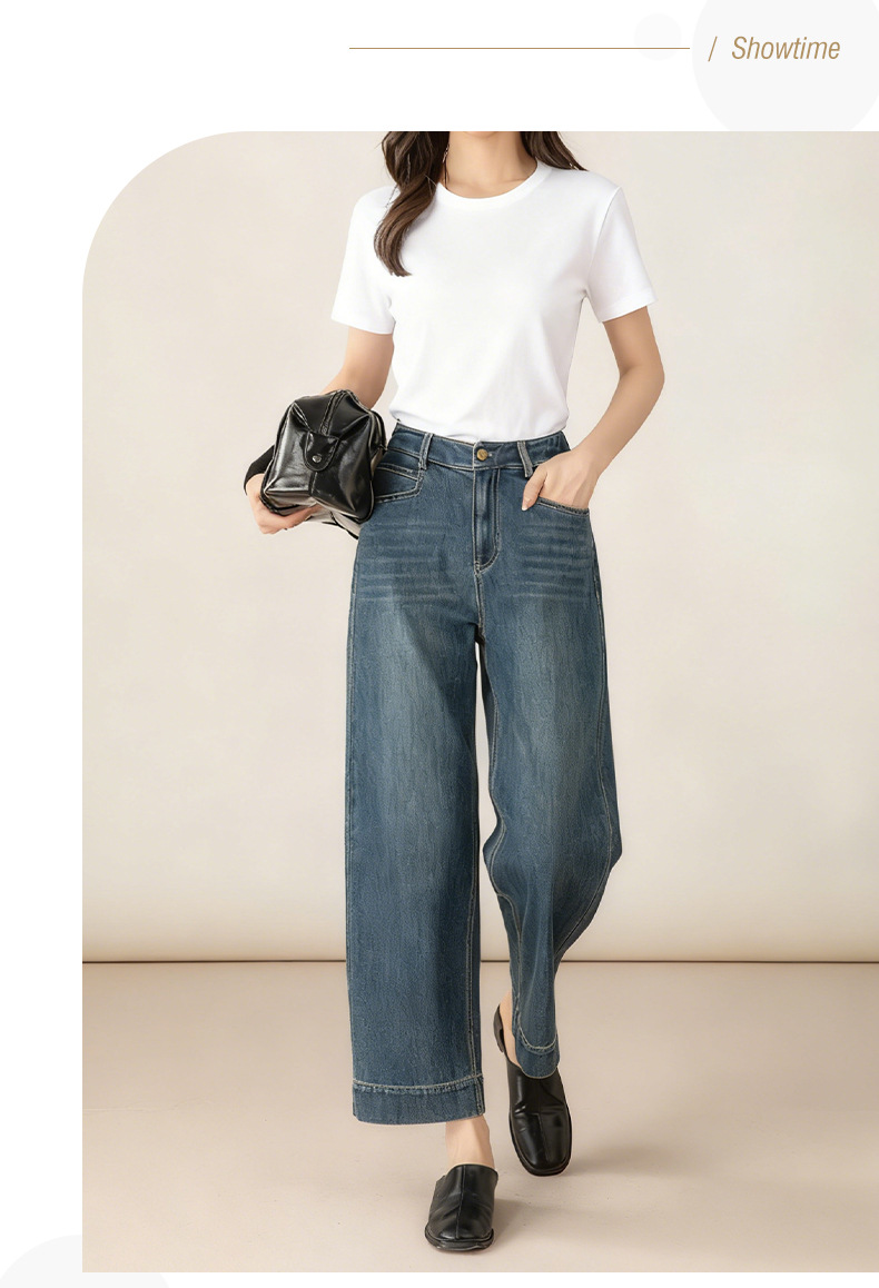 Quần jean nữ ống rộng cạp cao 9 phân, dáng suông slim fit, chất vải chống thấm — màu xanh nhạt chi tiết 2