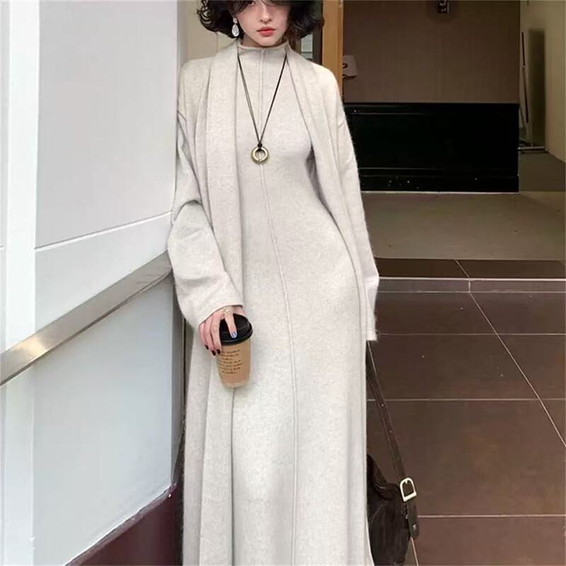 Hong Kong Style Retro Long Knitted Cardigan Turtleneck Dress Two-Piece Set for Women Autumn and Winter Elegant Lady Sweater Suit for Women Hong Kong Style Retro Long Knitted Cardigan Turtleneck Dress Two-Piece Set for Women Autumn and Winter Elegant Lady Sweater Suit for Women