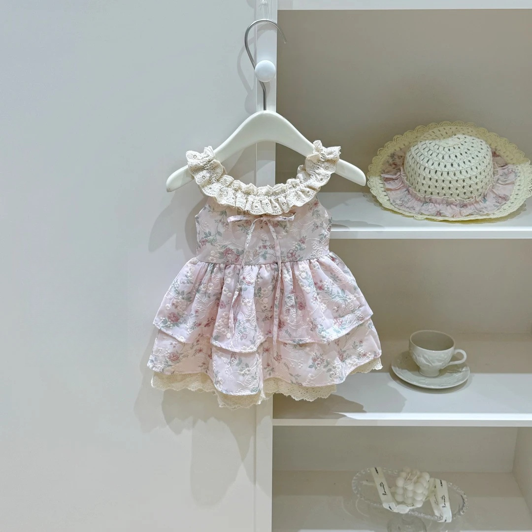 Vestido floral de verano para siete niñas con limón salado, nuevo vestido de cabestrillo de estilo occidental para bebés, vestido de princesa de encaje con mangas voladoras de verano