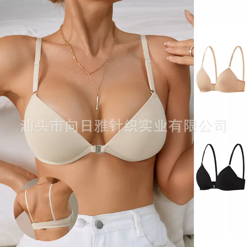 TEMU跨境纯色光面前扣文胸性感深V无钢圈固定杯欧美女士内衣批发