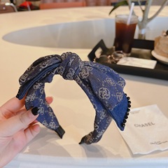 2024早秋新款～小眾復古牛仔刺繡氣質手工串珠大版蝴蝶結髮卡頭箍